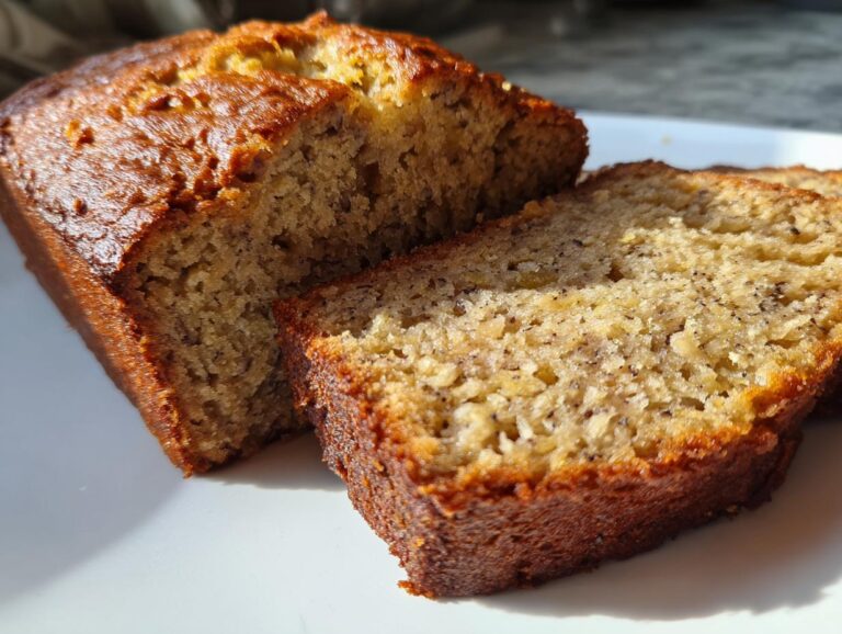 Close-up of a loaf of moist sourdough banana bread, partially sliced, showing the soft interior texture.
