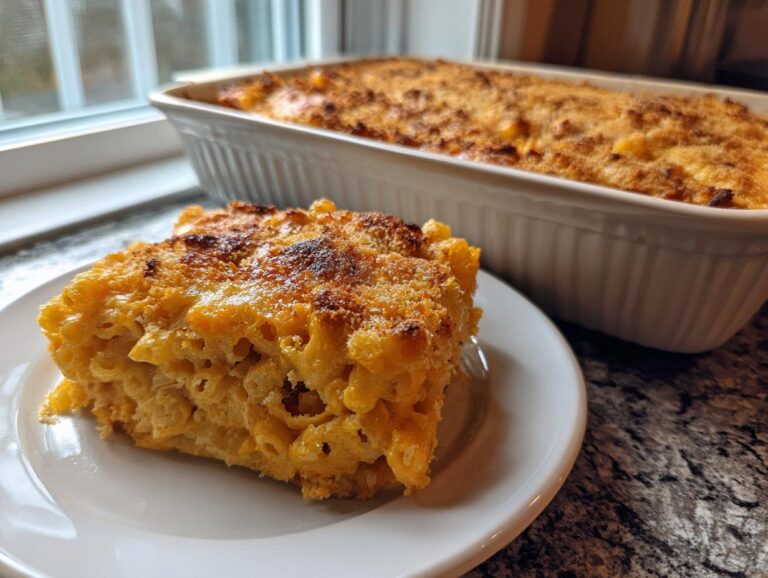 A square serving of rich, cheesy southern baked macaroni and cheese with a golden-brown crust on a white plate.
