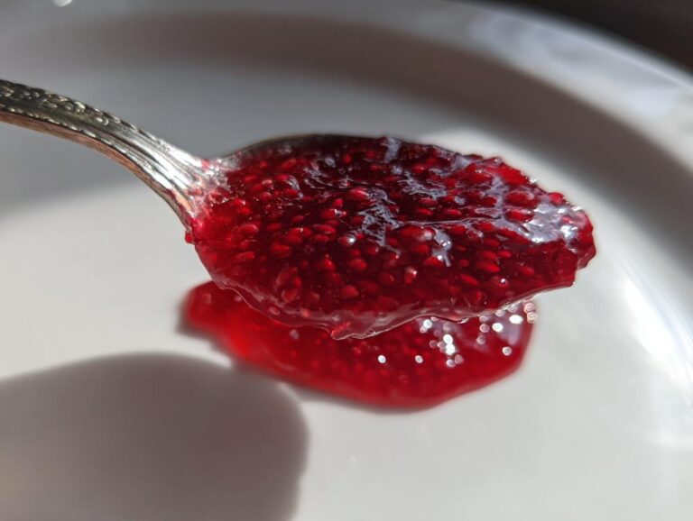 A close-up of a silver spoon holding a thick, glistening spoonful of homemade raspberry jam, showing the seeds.