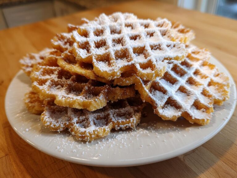 A tall stack of golden brown pizzelle cookies dusted heavily with white powdered sugar on a white plate.