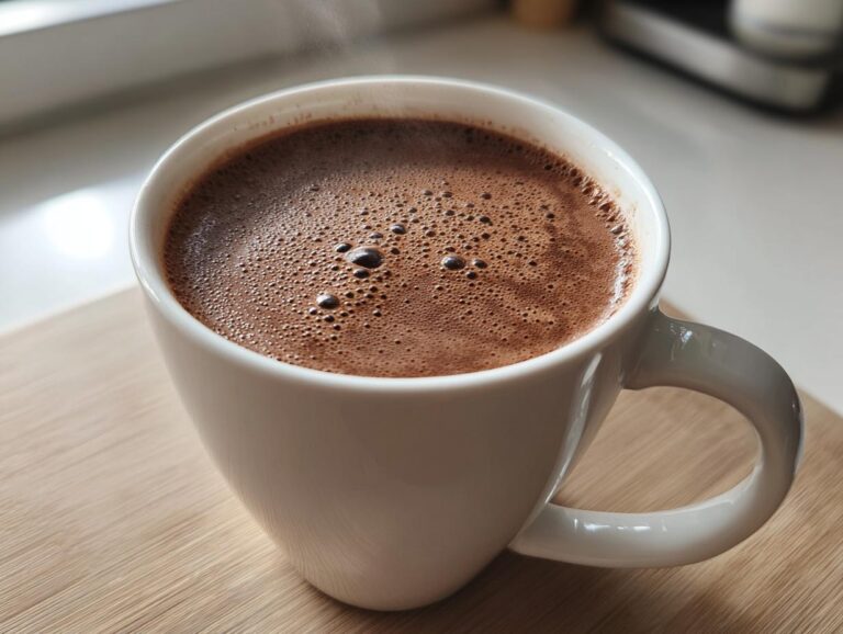 Close-up of a steaming white mug filled with rich, frothy homemade hot cocoa.