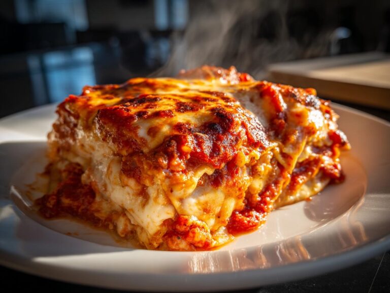 A close-up of a steaming, cheesy slice of lazy lasagna with rich tomato sauce on a white plate.