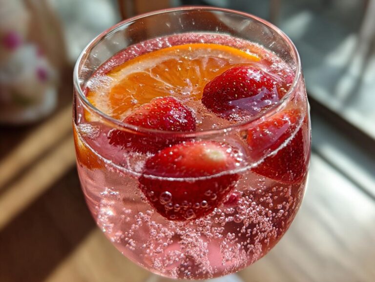 Close-up of a glass filled with bubbly pink champagne punch, garnished with fresh strawberries and an orange slice.