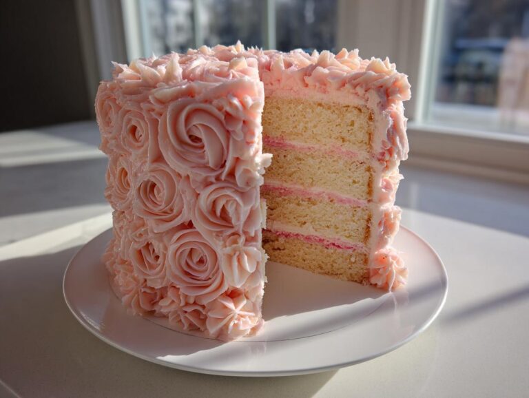 A slice cut from a stunning rose cake, revealing three layers of vanilla cake and pink filling, covered in pink buttercream roses.