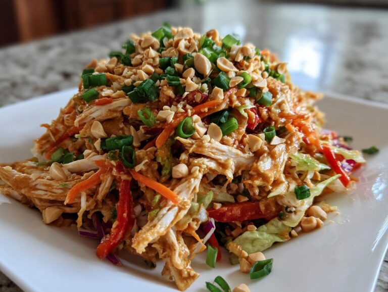 A vibrant mound of thai chicken salad tossed in peanut dressing, topped with chopped peanuts and green onions.