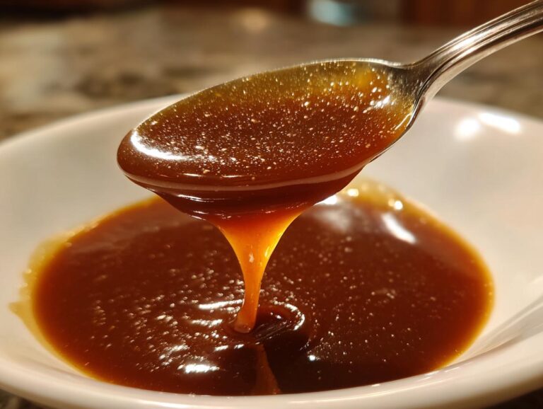 Close-up of thick, rich homemade brown gravy dripping from a silver spoon into a white bowl.