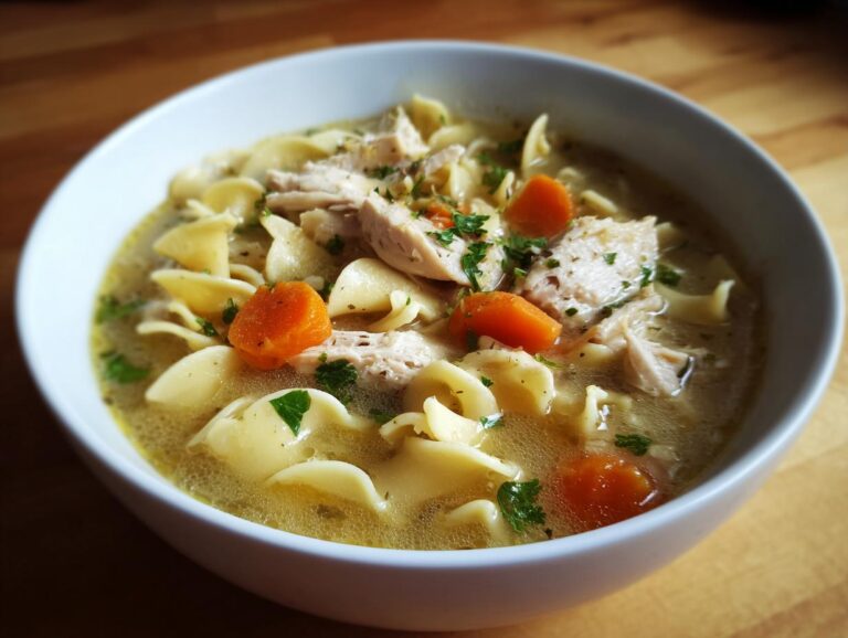 Close-up of a white bowl filled with steaming turkey noodle soup, featuring shredded turkey, egg noodles, and bright orange carrots.