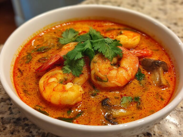 Close-up of a white bowl filled with rich, orange-red tom yum soup featuring large shrimp and fresh cilantro garnish.