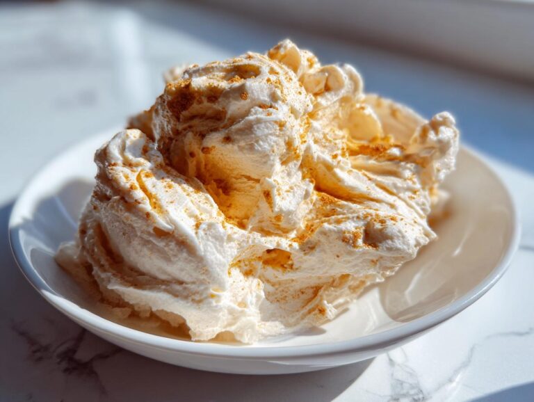 Fluffy mound of whipped honey butter recipe mixture, lightly sprinkled with cinnamon, served in a white bowl.