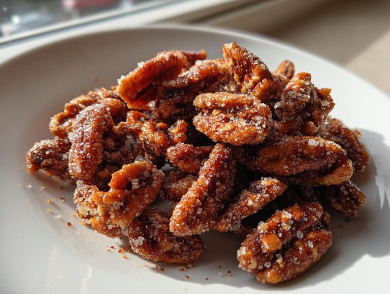A pile of glistening, freshly made candied pecans coated in visible sugar crystals, resting on a white plate.