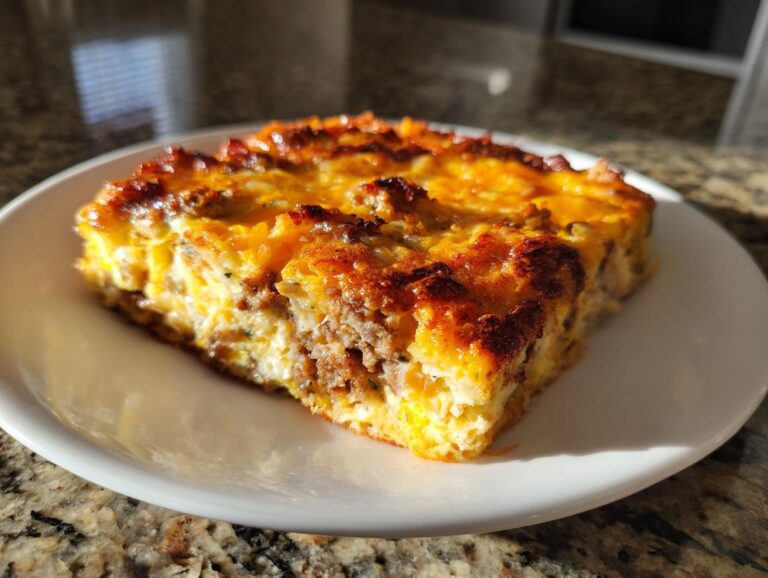 A hearty slice of baked breakfast casserole featuring eggs, cheese, and sausage on a white plate.