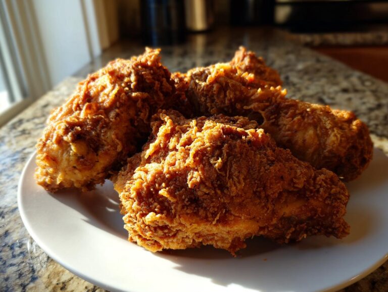 Four pieces of golden brown, crispy air fryer fried chicken resting on a white plate.
