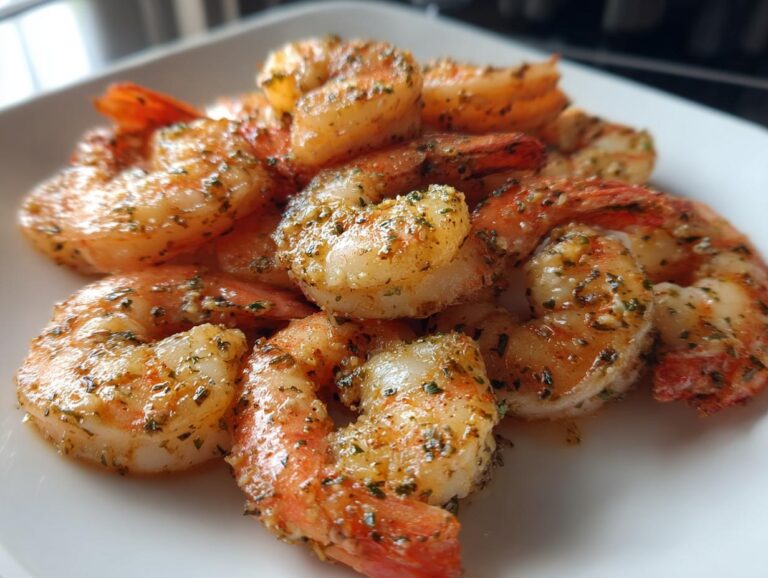 Close-up of seasoned, cooked air fryer frozen shrimp piled on a white plate.