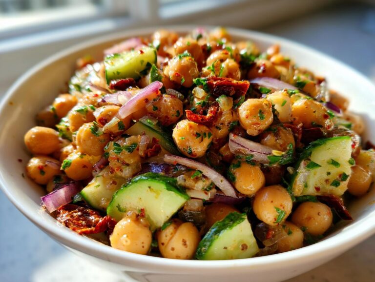 Close-up of a vibrant chickpea bean salad with cucumbers, red onion, and herbs in a white bowl.