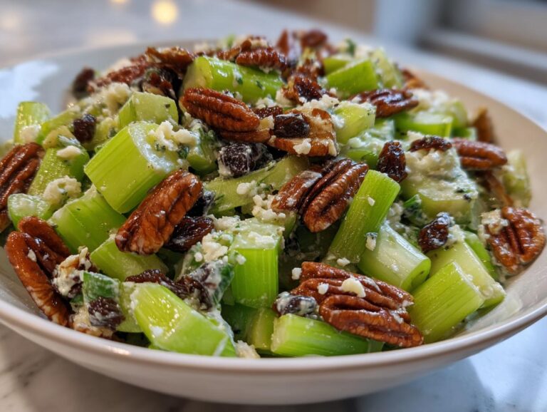 Close-up of a vibrant celery salad featuring chopped celery, pecans, raisins, and blue cheese dressing.