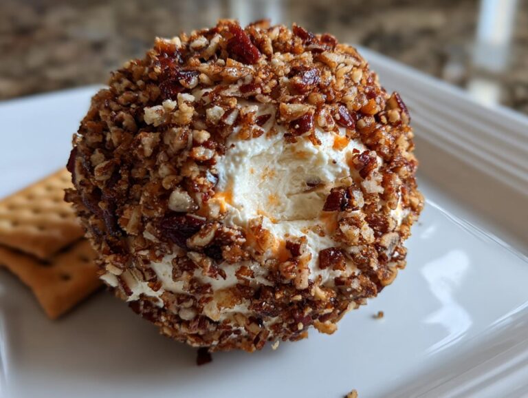 Close-up of a delicious cheese ball recipe coated entirely in chopped, glazed pecans, served with crackers.