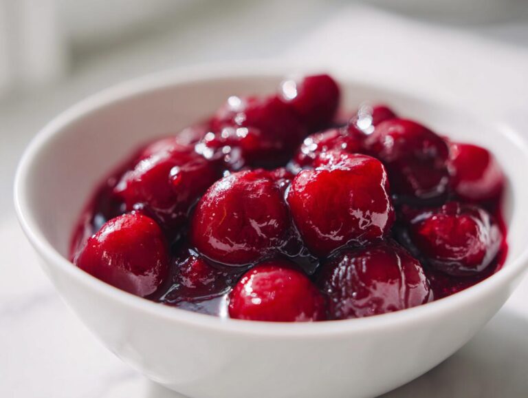 Close-up of glossy, rich red cherry pie filling served in a small white bowl.