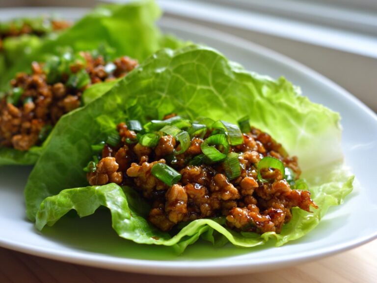 Close-up of savory chicken lettuce wraps filled with seasoned ground chicken and topped with fresh green onions.