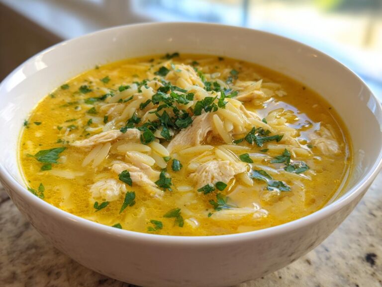 Close-up of a white bowl filled with vibrant yellow chicken orzo soup, topped with shredded chicken and fresh parsley.
