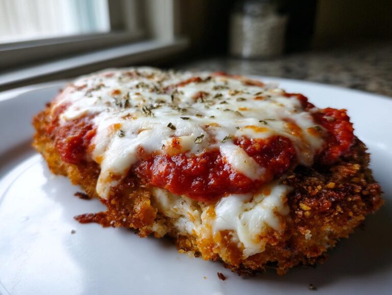 Close-up of a golden-brown, breaded chicken parmesan recipe topped with melted mozzarella and marinara sauce.