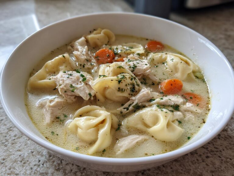 A close-up of a white bowl filled with creamy chicken tortellini soup, featuring shredded chicken, carrots, and herbs.