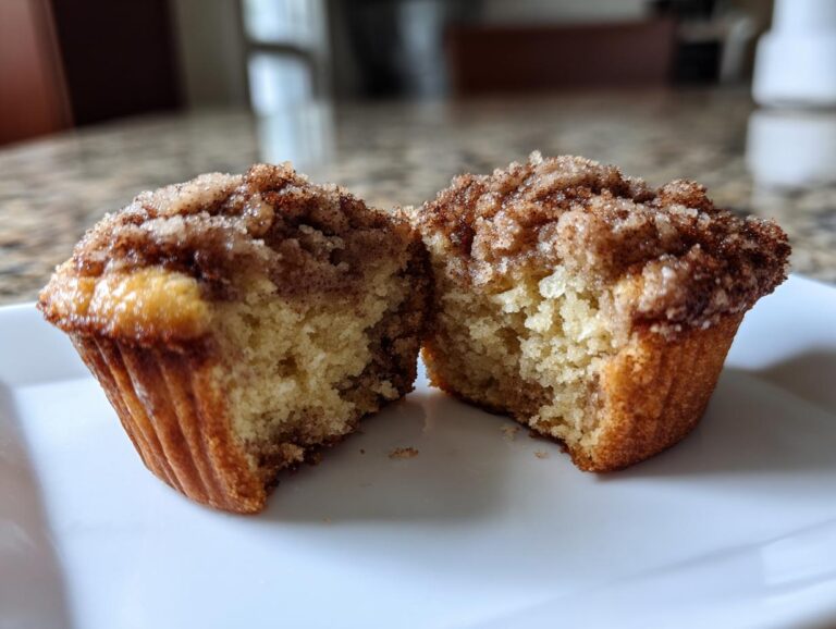 A coffee cake muffin cut in half showing the moist interior and thick cinnamon streusel topping.