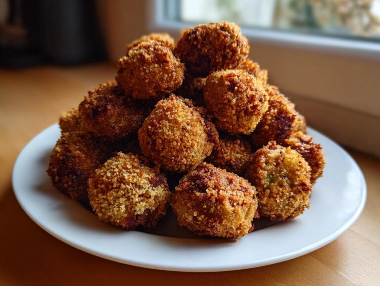 A mound of golden brown, crispy fried okra pieces piled high on a white plate.