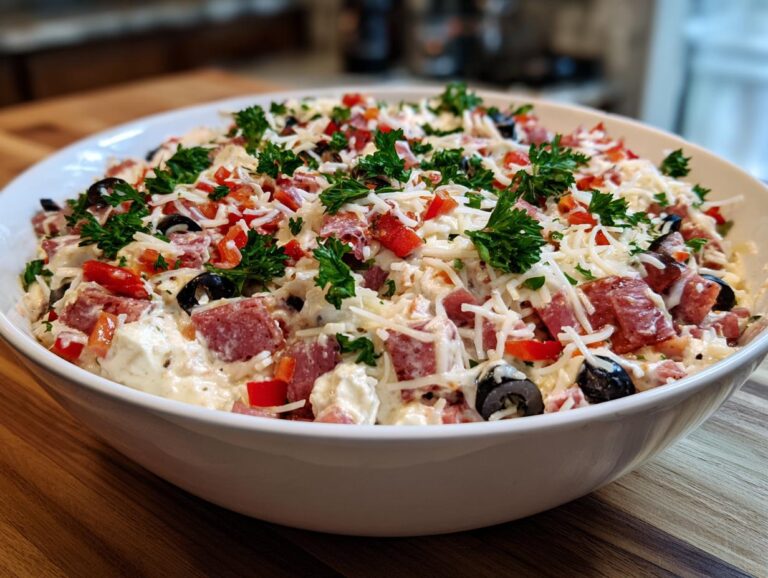 A creamy, cheesy hoagie dip topped with salami, red peppers, black olives, and parsley.