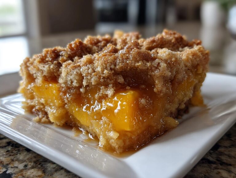 Close-up of a square slice of warm peach cobbler showing gooey fruit filling and a thick, buttery crumb topping.