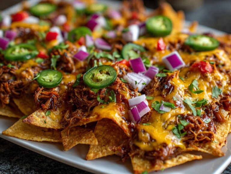 A close-up shot of loaded pulled pork nachos covered in melted cheese, red onion, and fresh jalapeño slices.