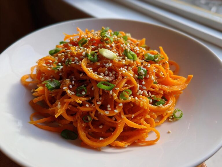 Close-up of a vibrant raw carrot salad made with spiralized carrots, topped with sesame seeds and chopped green onions.