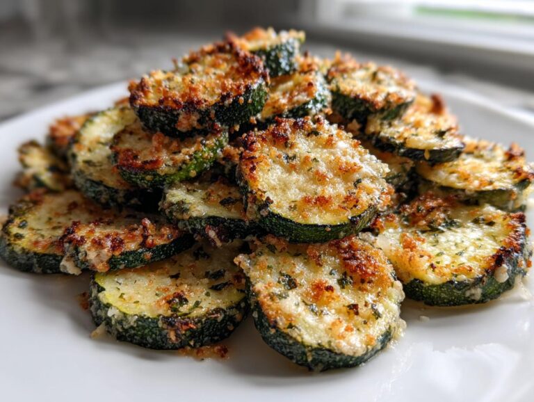 A pile of golden brown, cheesy roasted zucchini slices on a white plate.