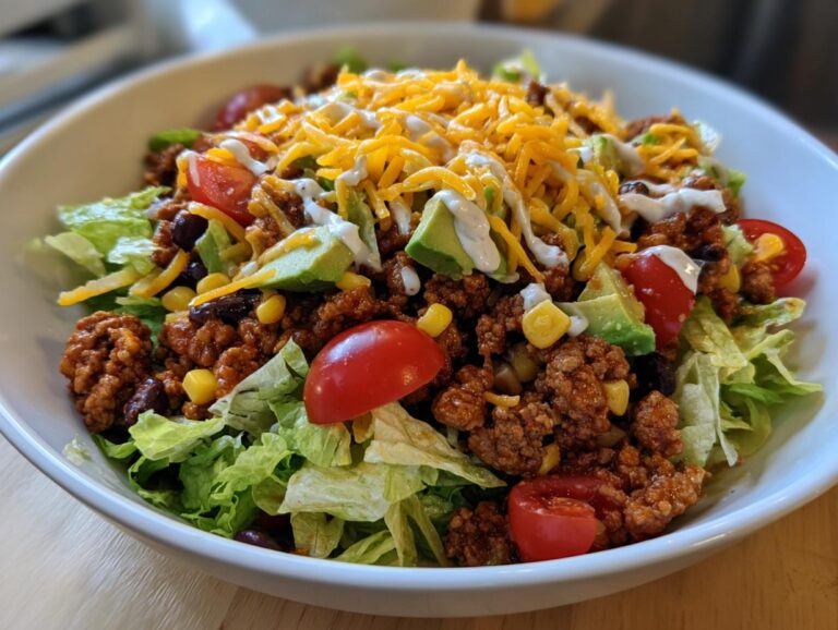 A vibrant bowl of taco salad featuring seasoned ground beef, lettuce, tomatoes, avocado, cheese, and a drizzle of sour cream.