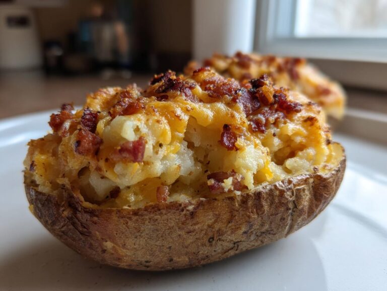 Close-up of an amazing twice baked potato stuffed with cheesy mashed potato filling and topped with crispy bacon bits.