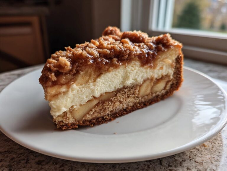 A rich slice of apple crisp cheesecake showing layers of graham cracker crust, spiced apples, creamy filling, and brown sugar crumble topping.