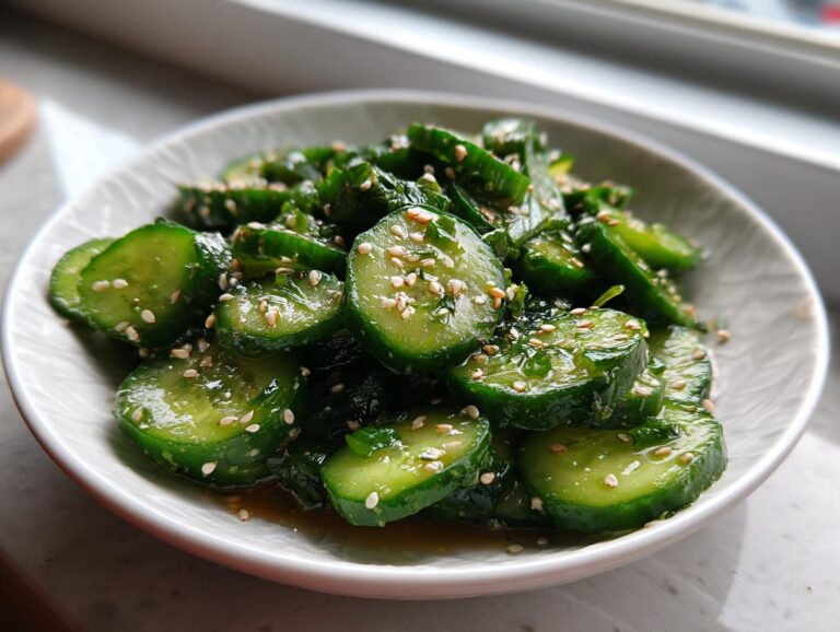 Close-up of sliced cucumbers coated in a savory dressing and sprinkled with sesame seeds, featuring the amazing asian cucumber salad.