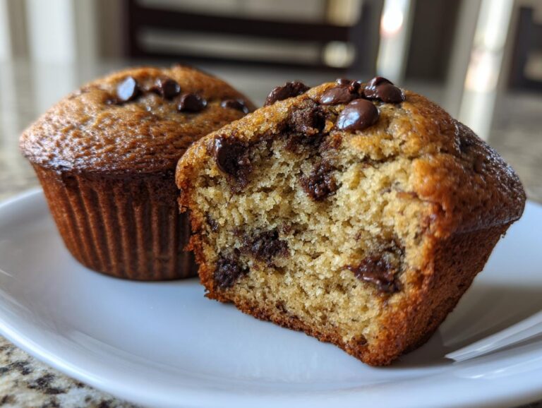 Close-up of two banana chocolate chip muffins; one is cut in half showing the moist interior and melted chocolate chips.