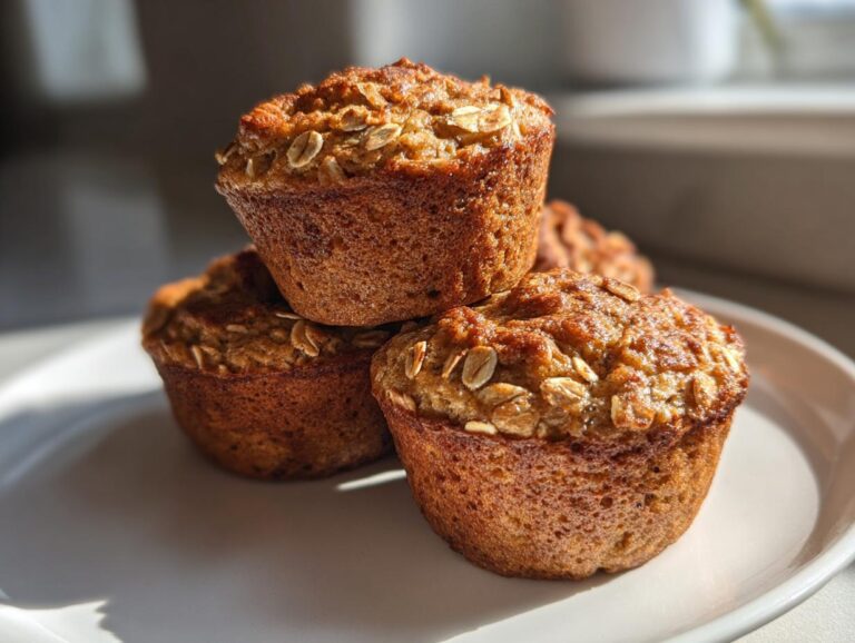 A stack of three golden-brown banana oatmeal muffins topped with rolled oats, sitting on a white plate.