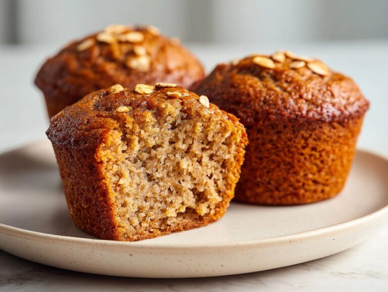 Close-up of a banana protein muffin broken open showing moist texture, with two whole muffins behind it on a plate.