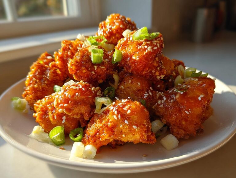 A close-up of crispy, glazed Bang Bang Chicken pieces topped with sesame seeds and green onions on a white plate.