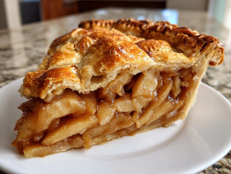 Close-up of a thick slice of apple pie recipe showing layered, caramelized apples and a golden, flaky top crust.