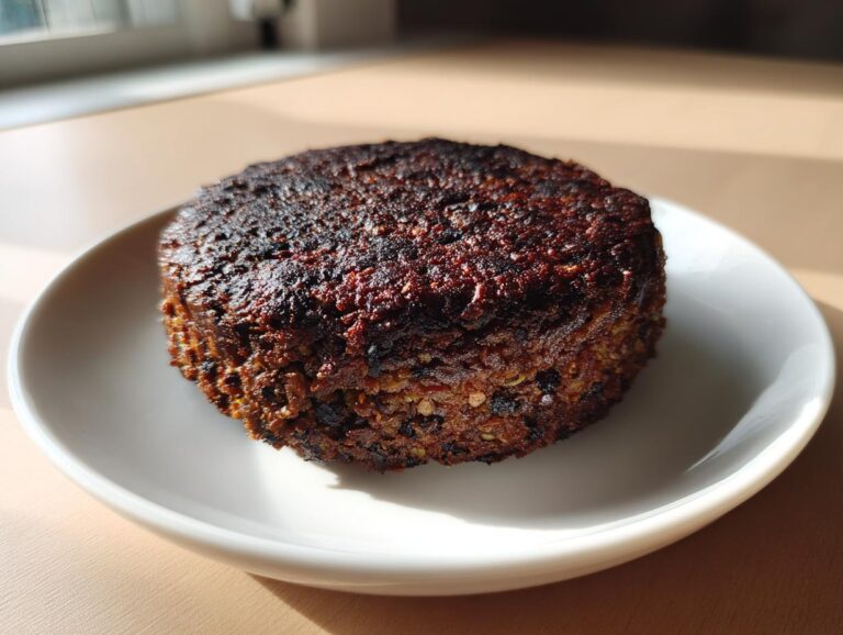 A perfectly seared, dark brown black bean burger patty resting on a small white plate, showing a firm texture.