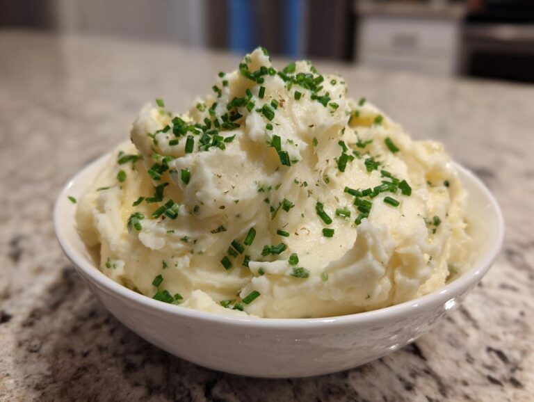 A white bowl filled with creamy boursin mashed potatoes, topped generously with fresh chopped chives.