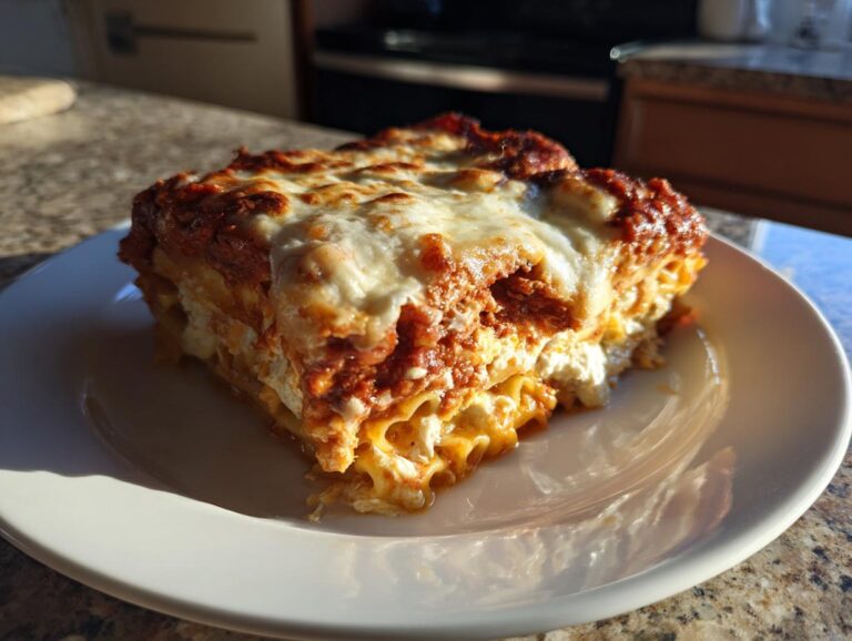 A hearty, cheesy slice of baked ziti layered with pasta, ricotta, and rich tomato sauce.