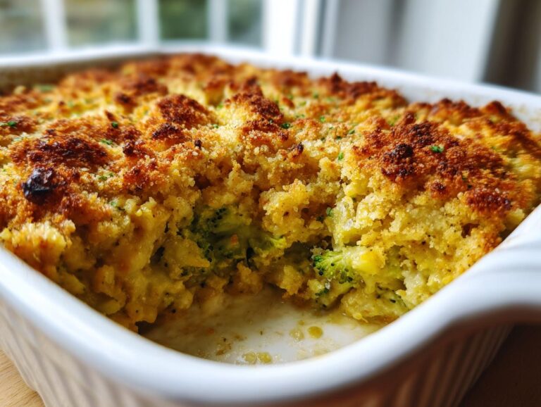 Close-up of a baked cheesy broccoli casserole with a golden, crunchy topping, showing the creamy interior.