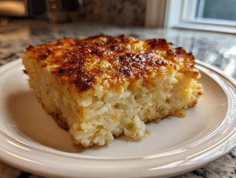 A square slice of creamy potato casserole with a deeply browned, cheesy crust served on a white plate.