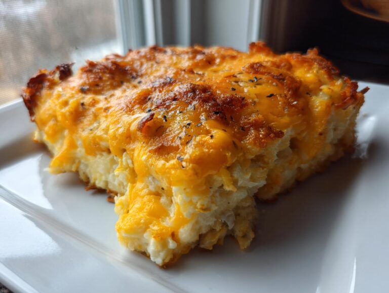 A close-up of a serving of cheesy potato casserole featuring a thick, melted cheddar cheese topping.