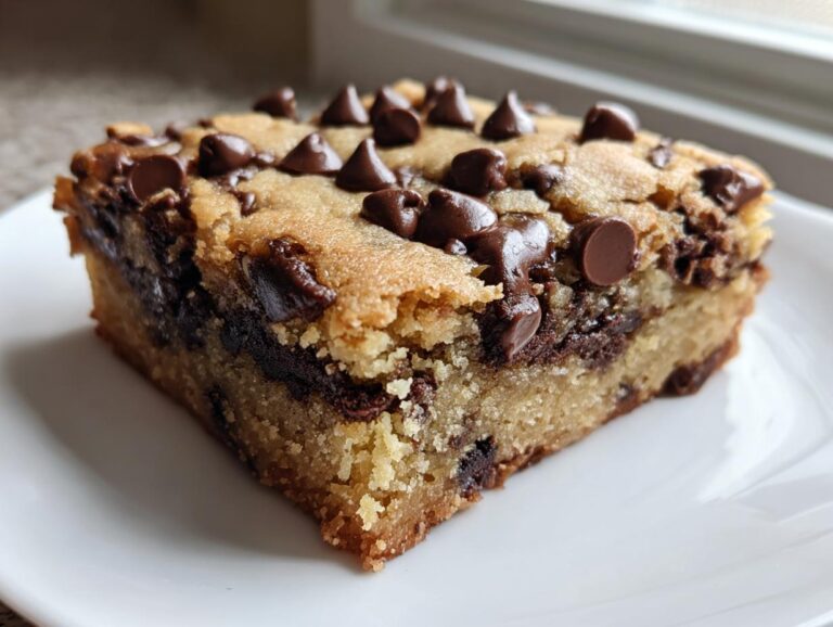 A close-up of a thick, chewy chocolate chip cookie bars slice on a white plate.