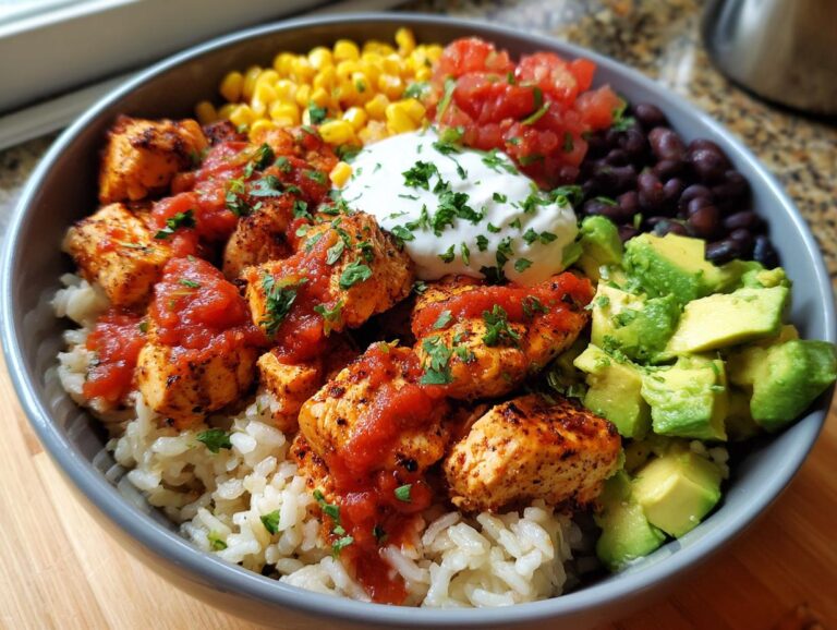 A vibrant, close-up view of a chicken burrito bowl featuring seasoned chicken, rice, avocado, corn, black beans, salsa, and sour cream.