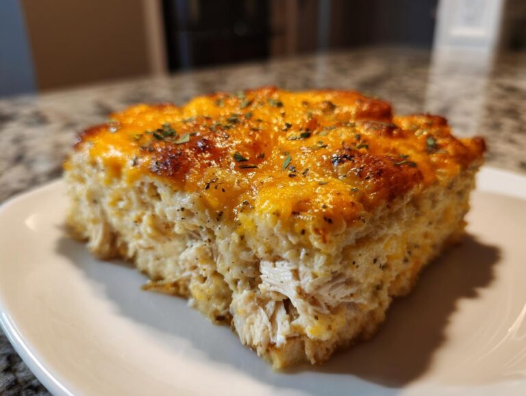A close-up of a square serving of chicken cauliflower rice casserole topped with melted, browned cheddar cheese.